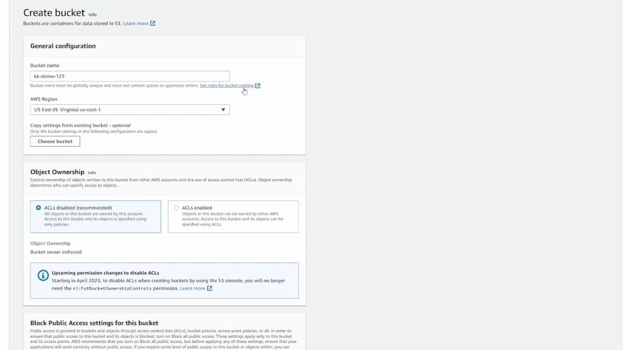 The image shows a screenshot of the AWS S3 "Create bucket" configuration page, where users can set the bucket name, region, and object ownership settings.
