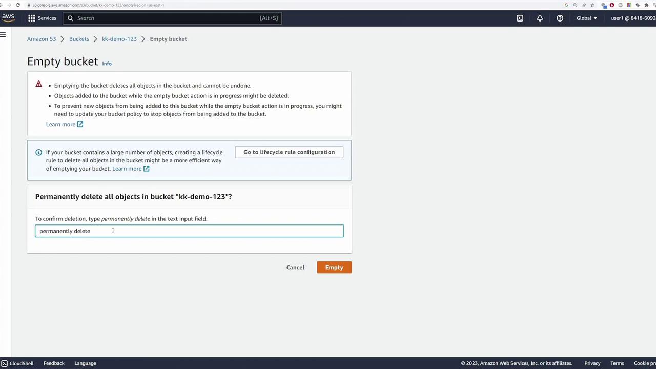 The image shows an AWS S3 interface for emptying a bucket named "kk-demo-123," with a warning about permanent deletion and a text box to confirm the action by typing "permanently delete."