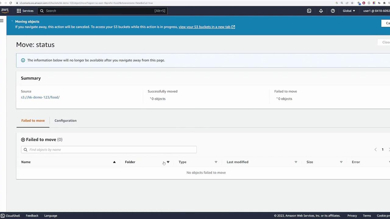 The image shows an AWS S3 console screen displaying the status of a move operation, indicating that zero objects were successfully moved or failed to move.
