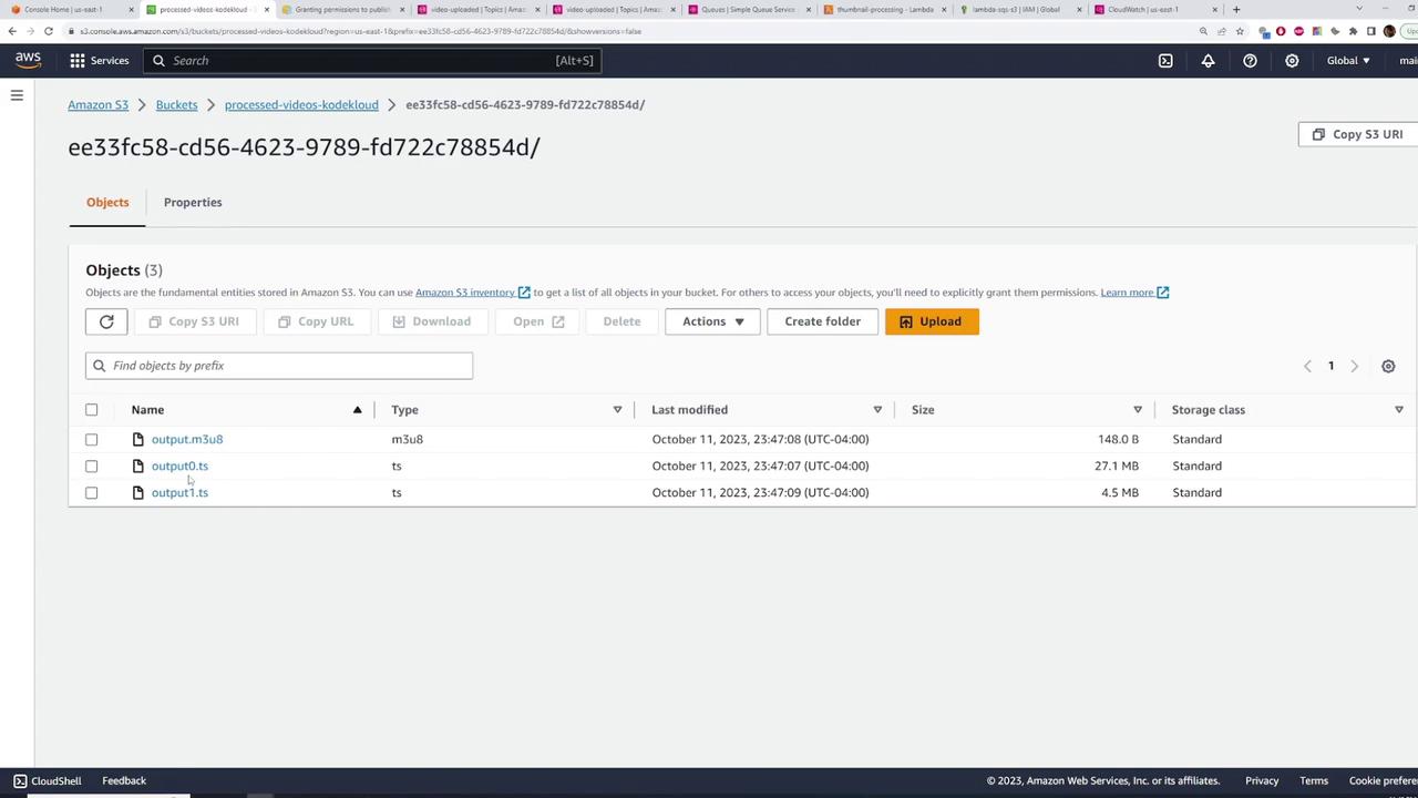 The image shows an Amazon S3 bucket interface with three files listed: "output.m3u8," "output0.ts," and "output1.ts," along with their details like type, last modified date, size, and storage class.