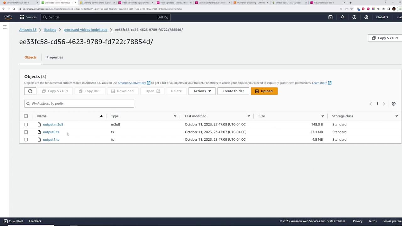 The image shows an Amazon S3 bucket interface with three files listed: "output.m3u8," "output0.ts," and "output1.ts," along with their details such as type, last modified date, size, and storage class.