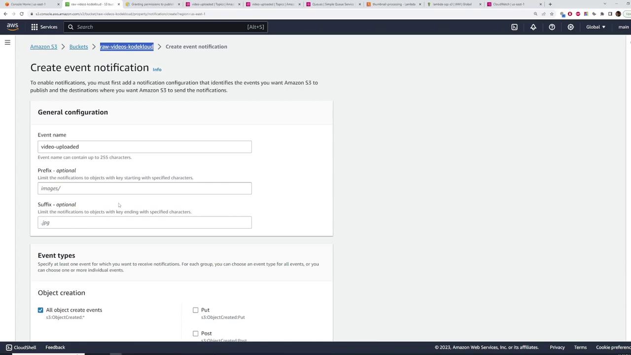 The image shows an Amazon S3 console screen for creating an event notification, with fields for event name, prefix, suffix, and event types related to object creation.