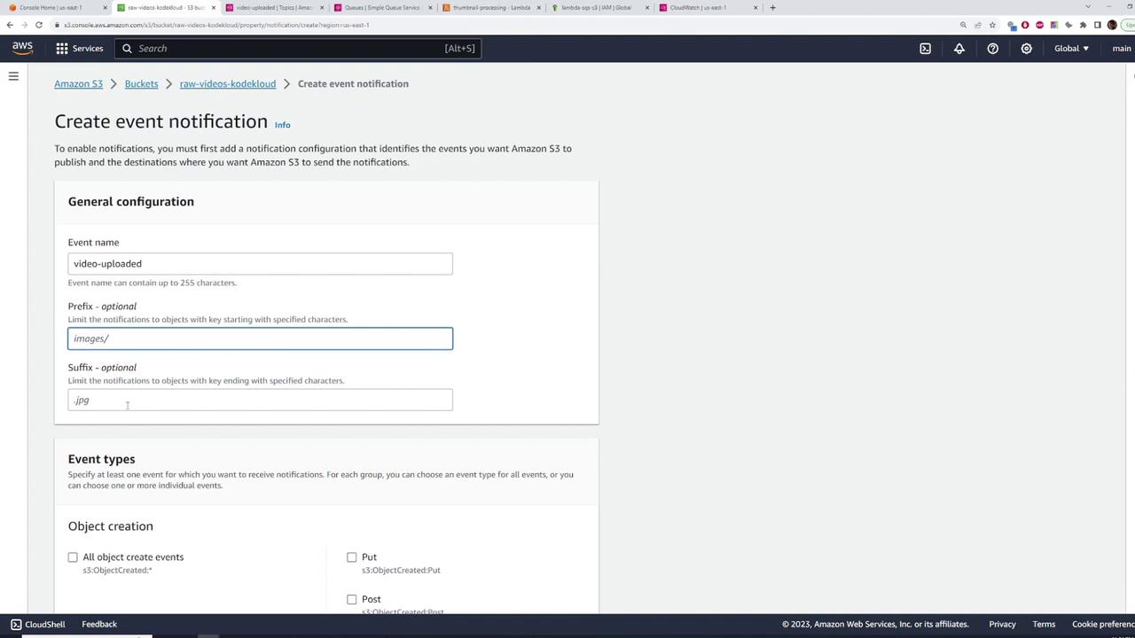 The image shows an Amazon S3 interface for creating an event notification, with fields for event name, prefix, and suffix, and options for selecting event types related to object creation.