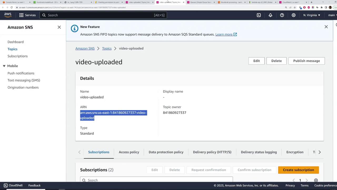The image shows an Amazon SNS (Simple Notification Service) dashboard with details of a topic named "video-uploaded," including its ARN and type. There are options to edit, delete, or publish a message related to this topic.