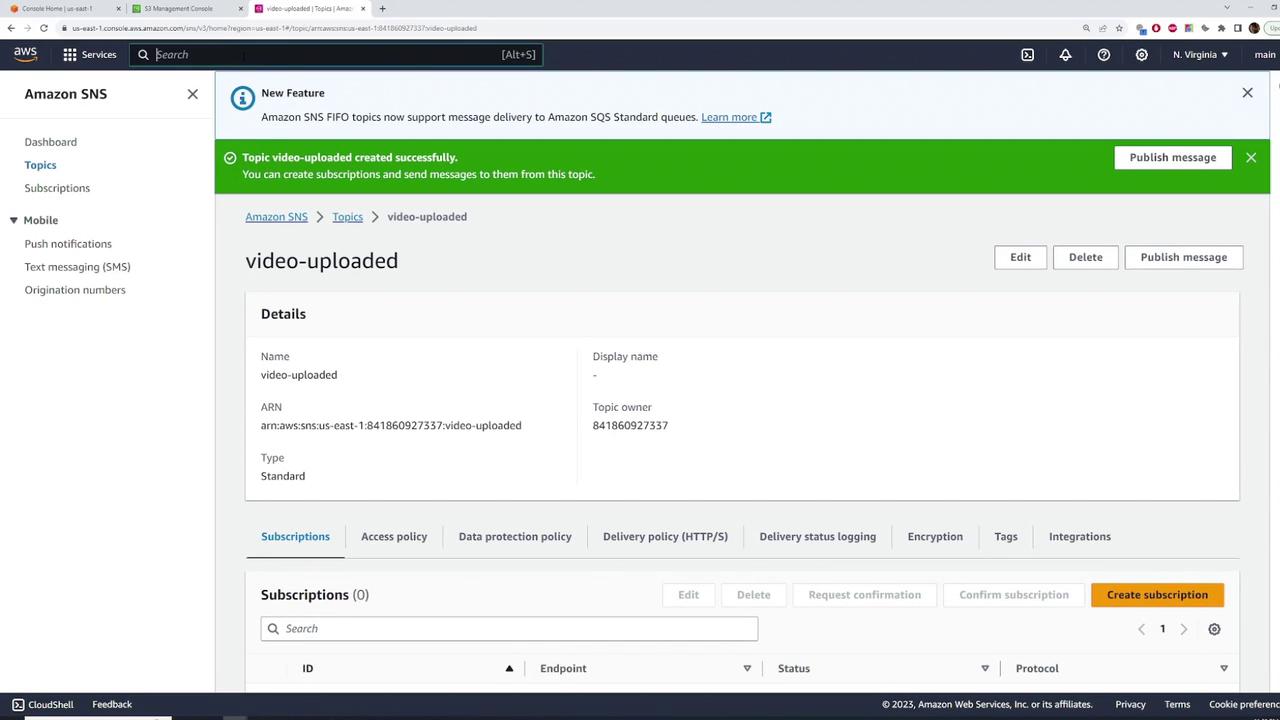 The image shows an Amazon SNS (Simple Notification Service) console screen with a topic named "video-uploaded" successfully created. It includes details like the ARN and options to edit, delete, or publish messages.