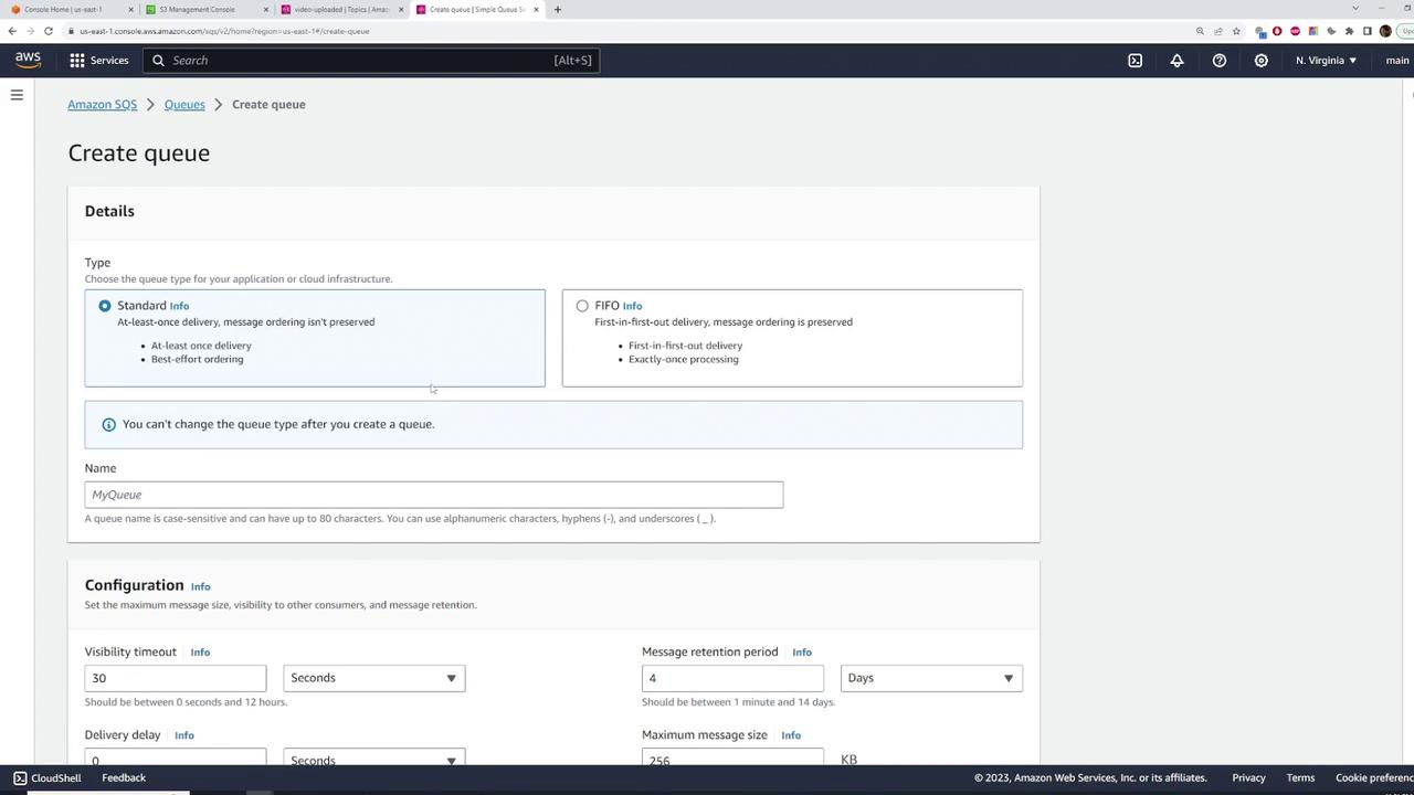 The image shows the Amazon SQS (Simple Queue Service) interface for creating a new queue. It includes options for selecting the queue type (Standard or FIFO) and configuring settings like visibility timeout and message retention period.
