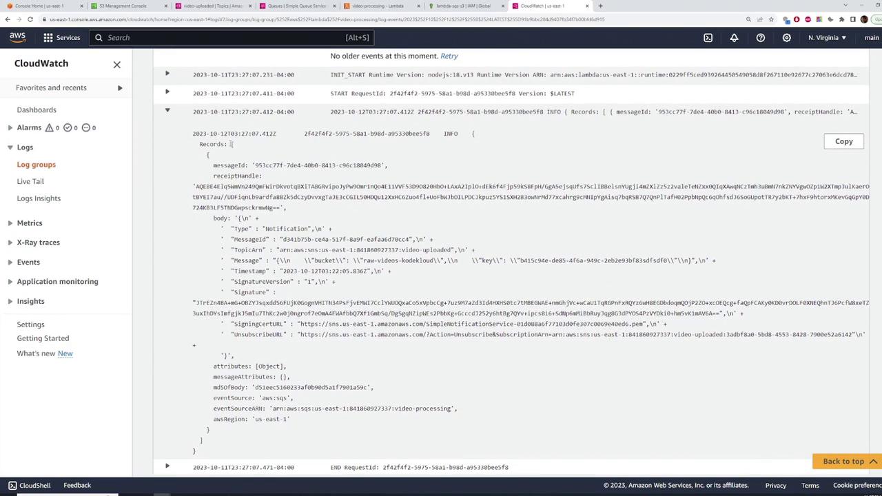 The image shows an AWS CloudWatch console displaying log entries related to a Lambda function execution, including details about a notification message and event source.