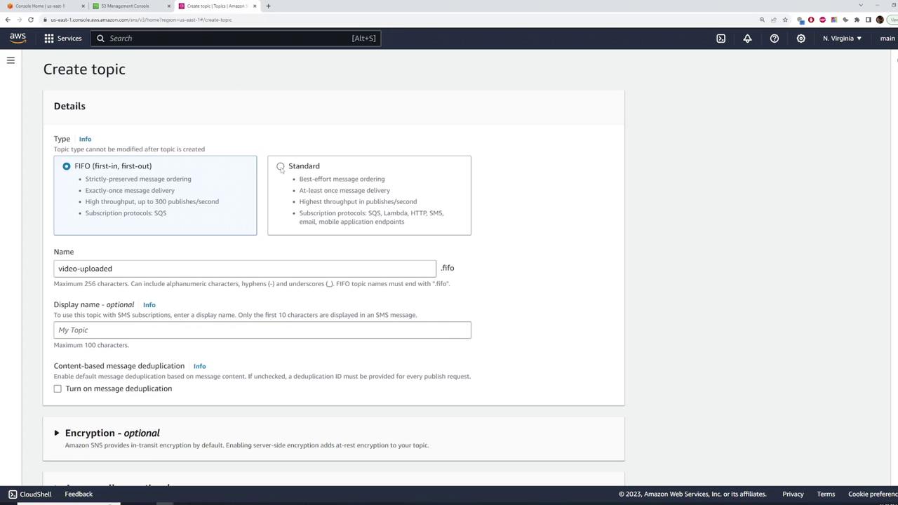 The image shows an AWS console interface for creating a topic, with options for selecting FIFO or Standard topic types, and fields for entering the topic name and display name.