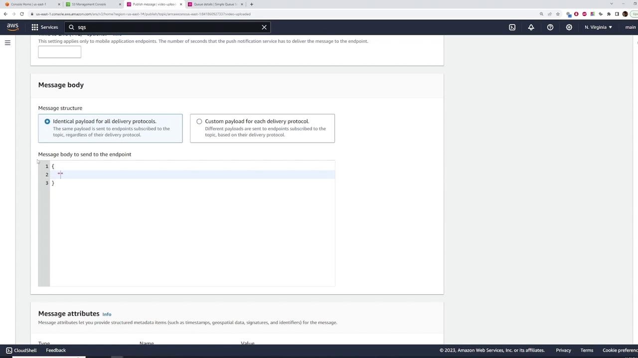 The image shows an AWS console interface where a user is configuring a message body for a delivery protocol, with options for identical or custom payloads. The message body section is open, displaying a JSON structure.