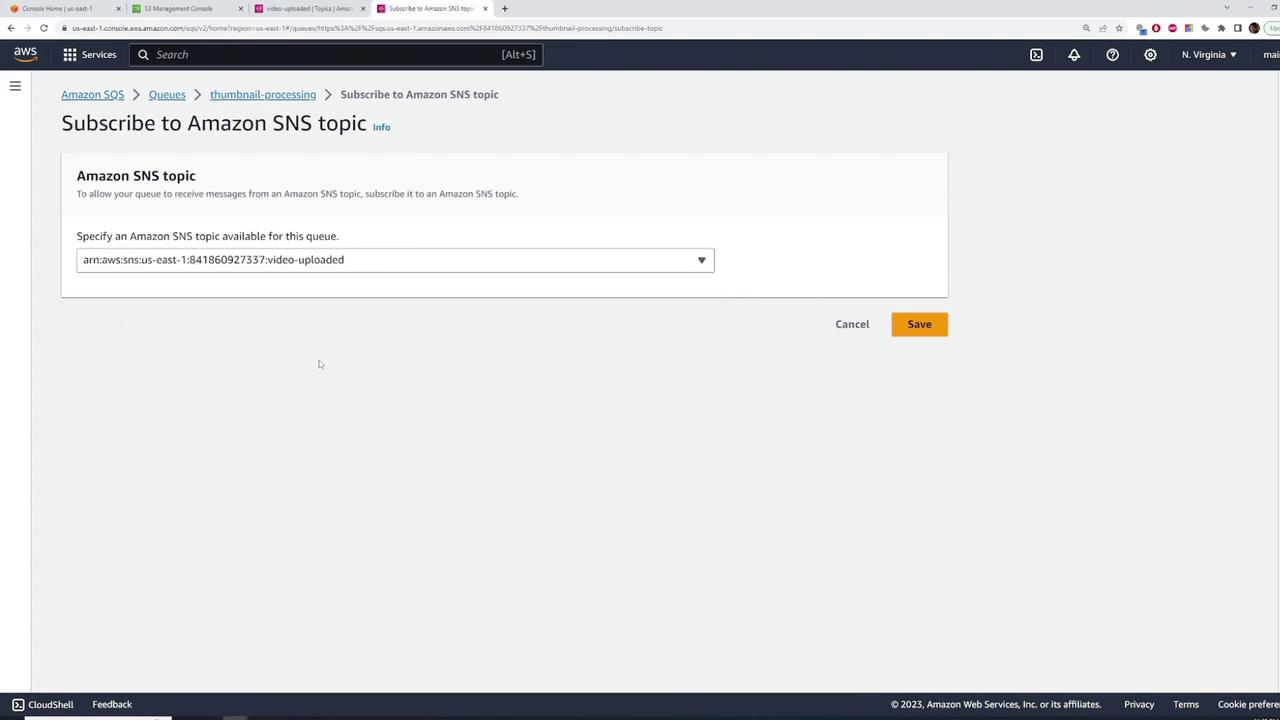 The image shows an Amazon Web Services (AWS) console screen where a user is subscribing to an Amazon SNS topic, with an ARN specified and options to save or cancel.