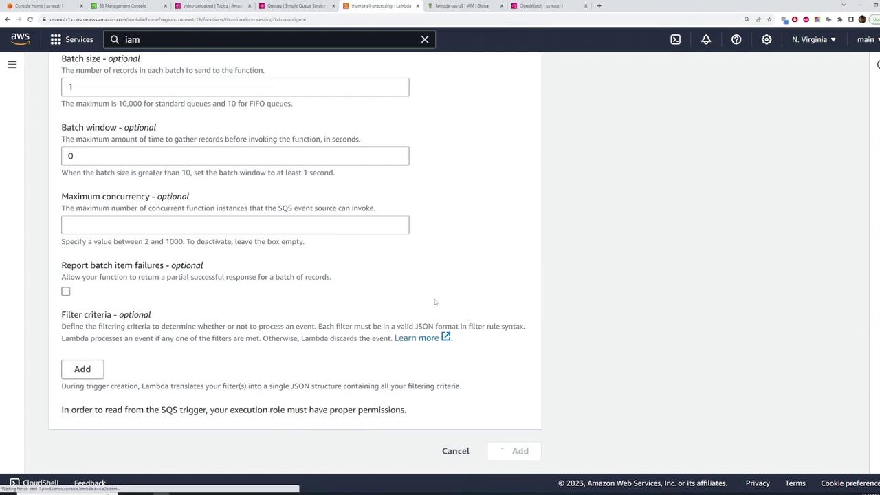 The image shows an AWS Lambda configuration screen with options for setting batch size, batch window, maximum concurrency, and filter criteria for processing events.