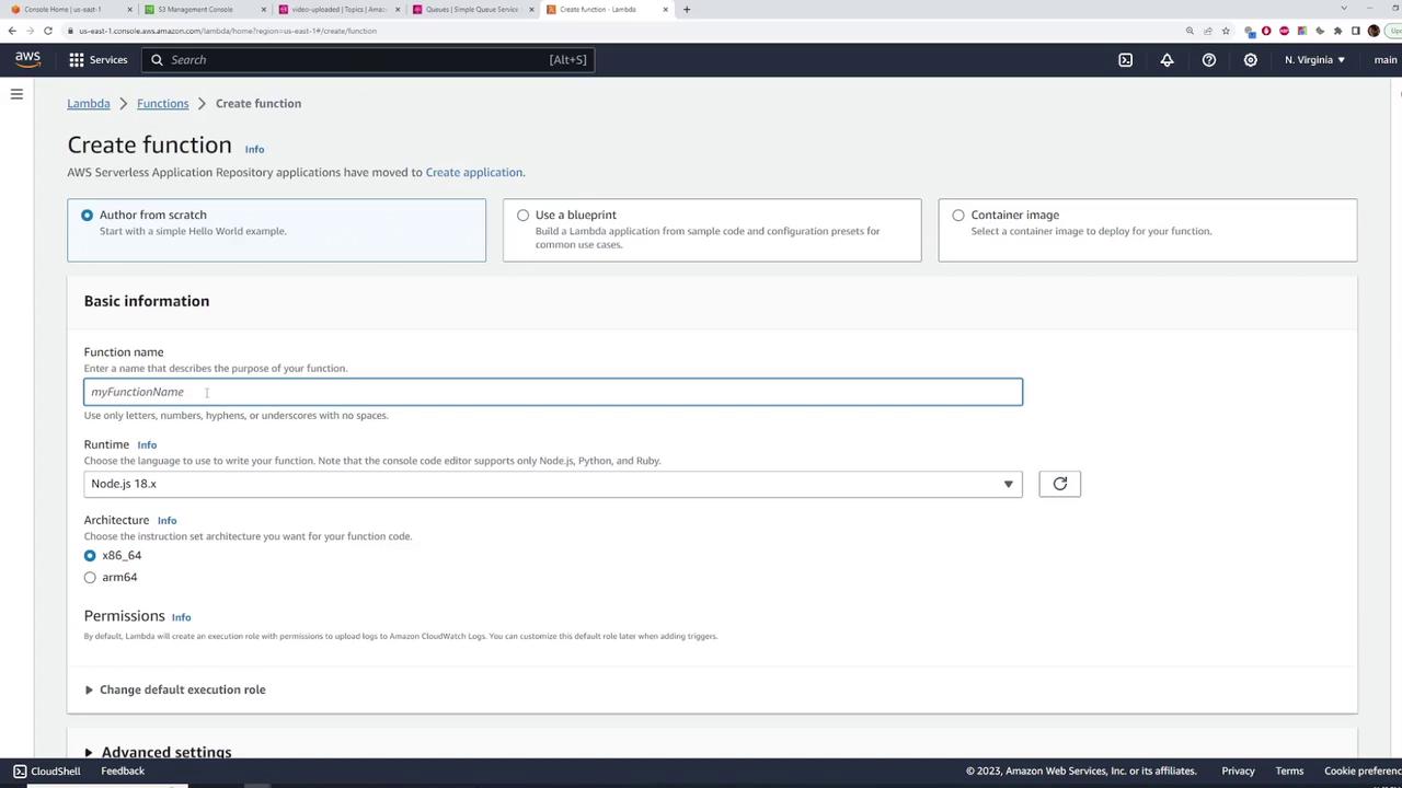 The image shows the AWS Lambda console where a user is creating a new function. It includes options for authoring from scratch, using a blueprint, or a container image, and fields for entering the function name, runtime, architecture, and permissions.