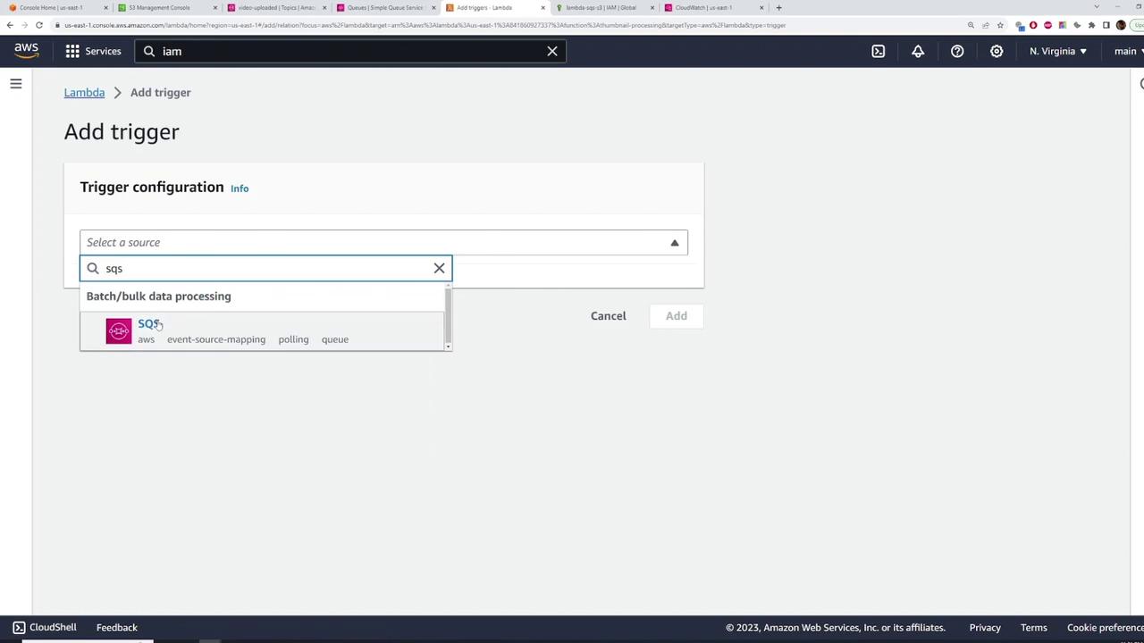 The image shows an AWS Lambda interface where a user is adding a trigger, specifically selecting "SQS" as the source for batch/bulk data processing.