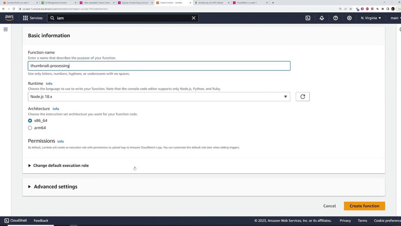 The image shows the AWS Lambda console where a function named "thumbnail-processing" is being created. The runtime is set to Node.js 18.x, and the architecture is selected as x86_64.