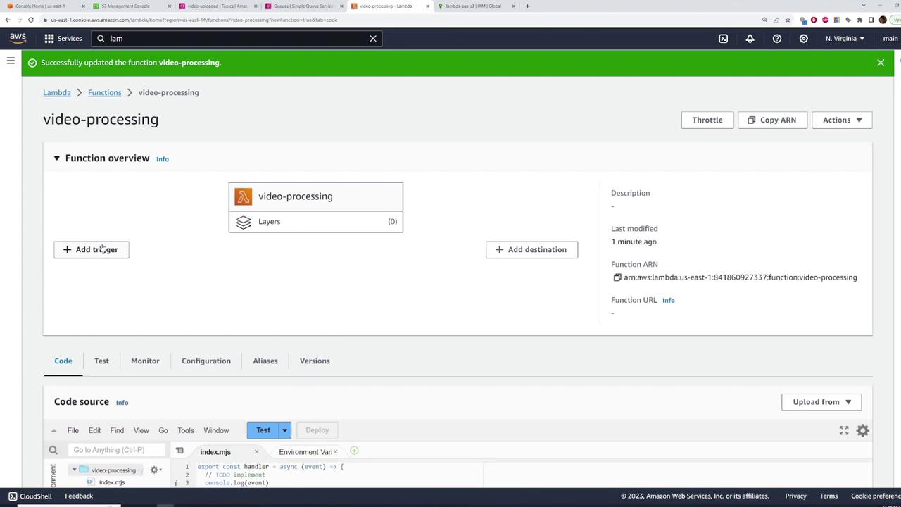 The image shows the AWS Lambda console with a function named "video-processing." It includes options to add triggers and destinations and a code editor with a basic JavaScript function.