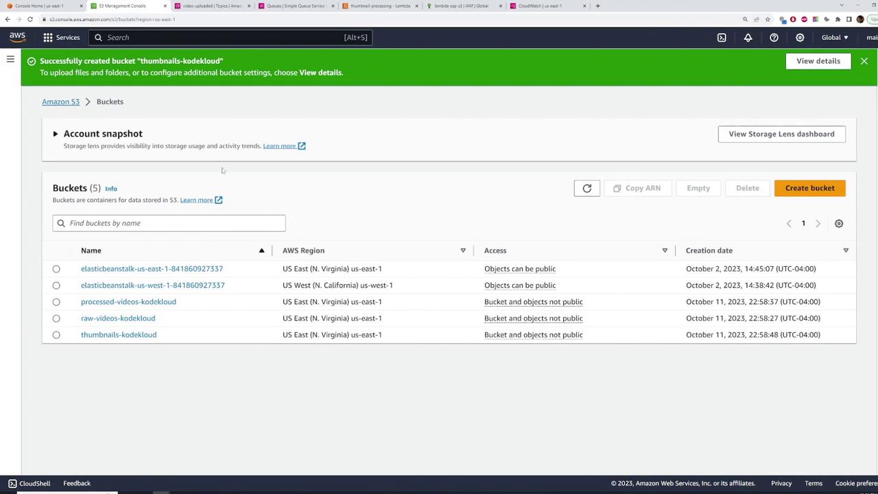 The image shows an Amazon S3 Management Console with a list of buckets, their regions, access settings, and creation dates. A green notification bar indicates a bucket was successfully created.
