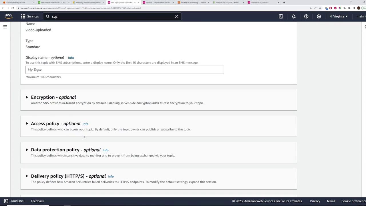 The image shows an AWS SNS (Simple Notification Service) console page where a topic named "video-uploaded" is being configured. It includes options for encryption, access policy, data protection policy, and delivery policy.