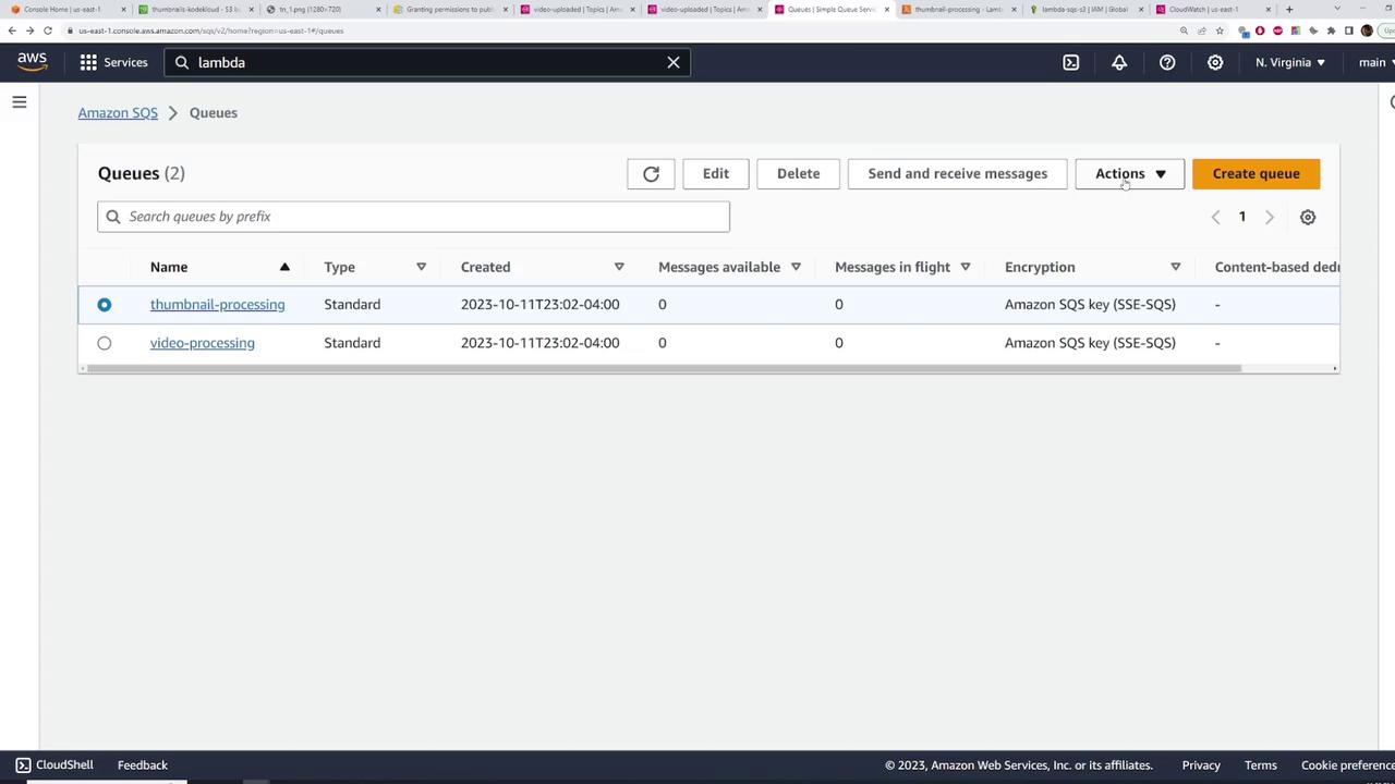 The image shows an AWS SQS console with two queues named "thumbnail-processing" and "video-processing," both of which are of the standard type and have no messages available or in flight.