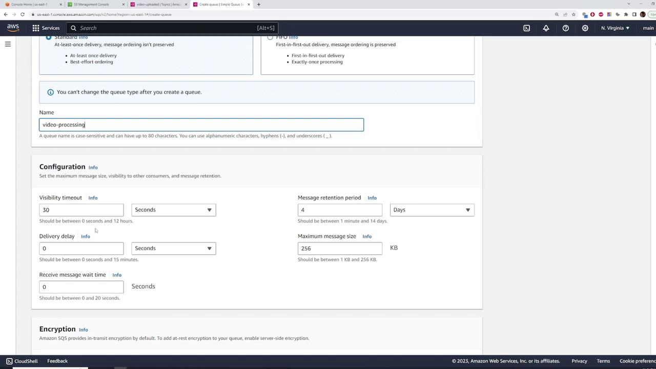 The image shows an Amazon Web Services (AWS) console screen for creating a Simple Queue Service (SQS) queue named "video-processing," with configuration options for visibility timeout, message retention period, delivery delay, and maximum message size.