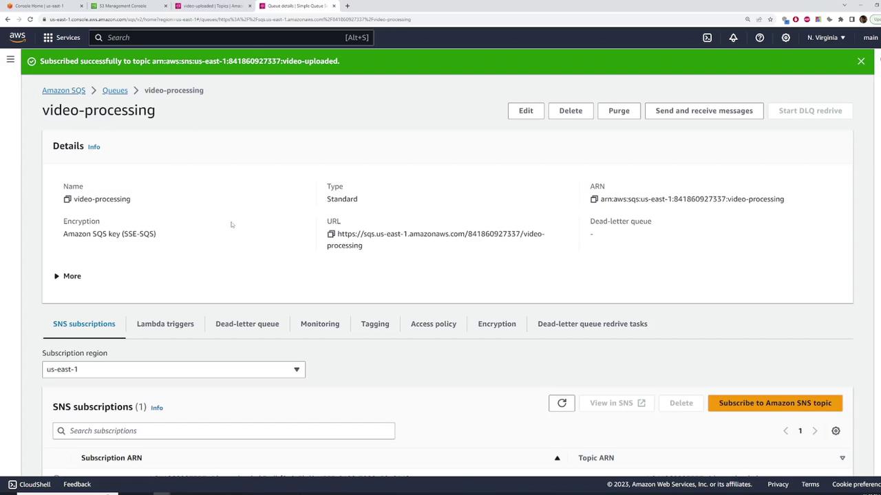 The image shows an Amazon Web Services (AWS) console page for an SQS queue named "video-processing," displaying details such as the queue type, ARN, and encryption settings. It also includes options for SNS subscriptions and other configurations.