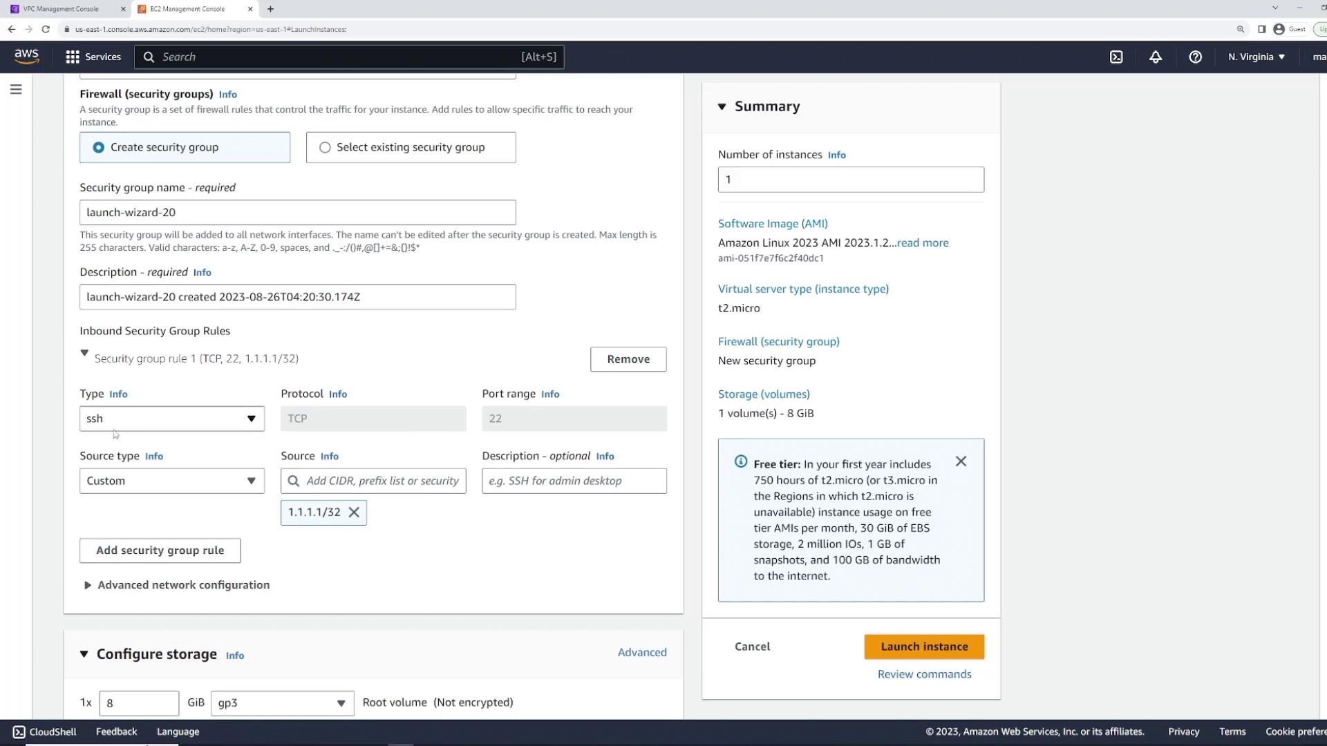 The image shows the AWS EC2 Management Console, specifically the configuration page for launching an instance, including security group settings and storage configuration.