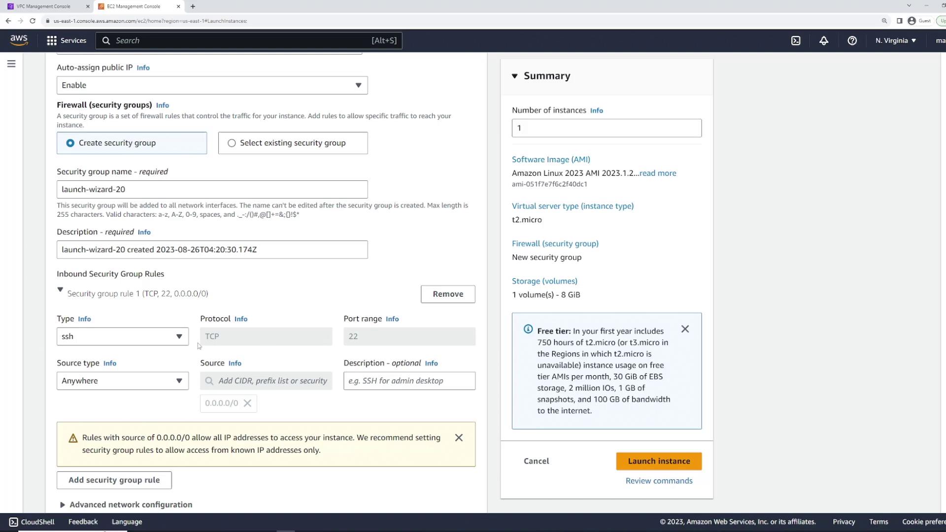 The image shows the AWS EC2 Management Console, specifically the configuration page for launching a new instance, including security group settings and instance details.