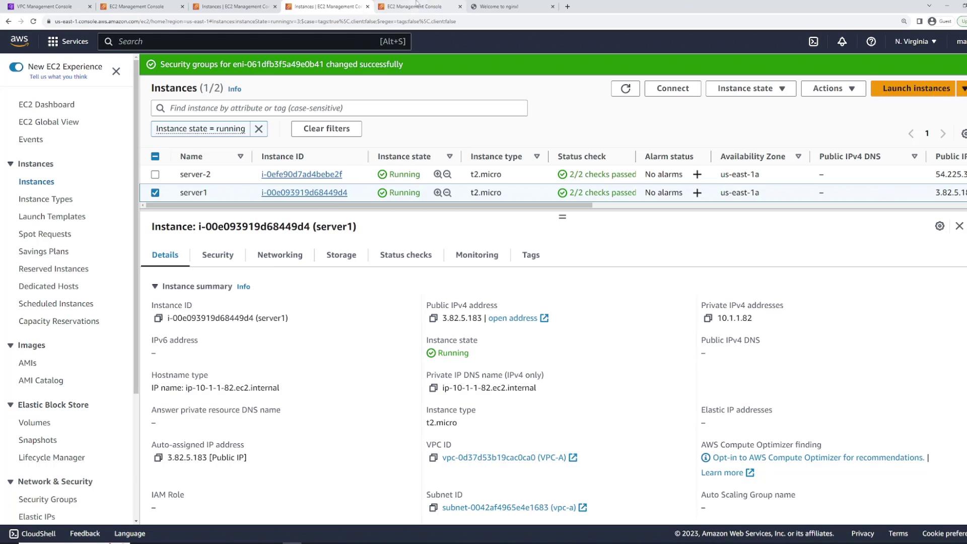 The image shows an AWS EC2 Management Console with two running instances, "server-2" and "server1," both of type t2.micro, with details of "server1" displayed.