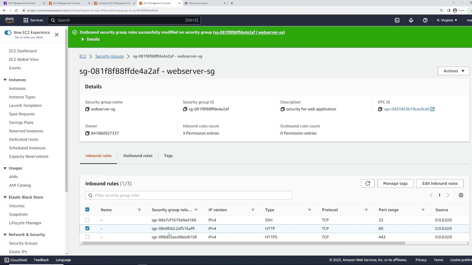 The image shows an AWS EC2 Management Console screen displaying details of a security group named "webserver-sg," including inbound rules for SSH, HTTP, and HTTPS protocols.