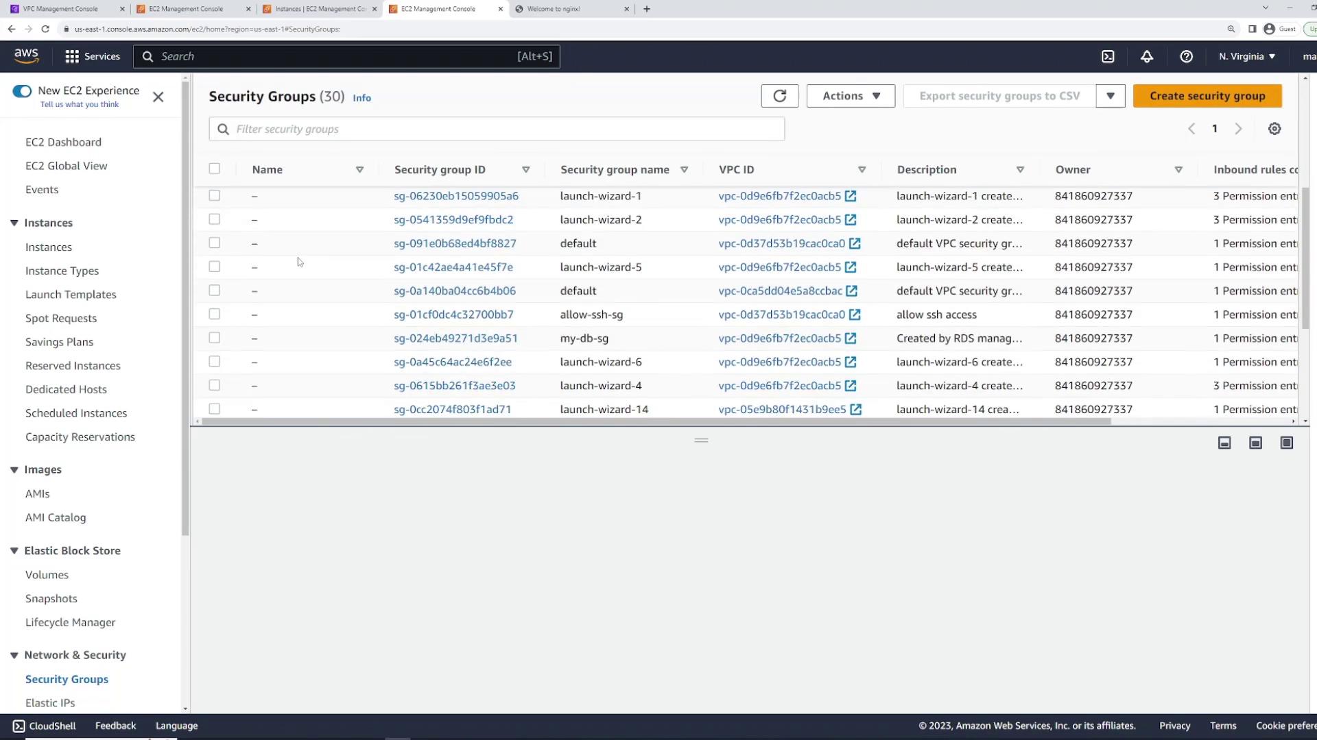 The image shows the AWS EC2 Management Console displaying a list of security groups, including details like security group IDs, names, VPC IDs, and descriptions.