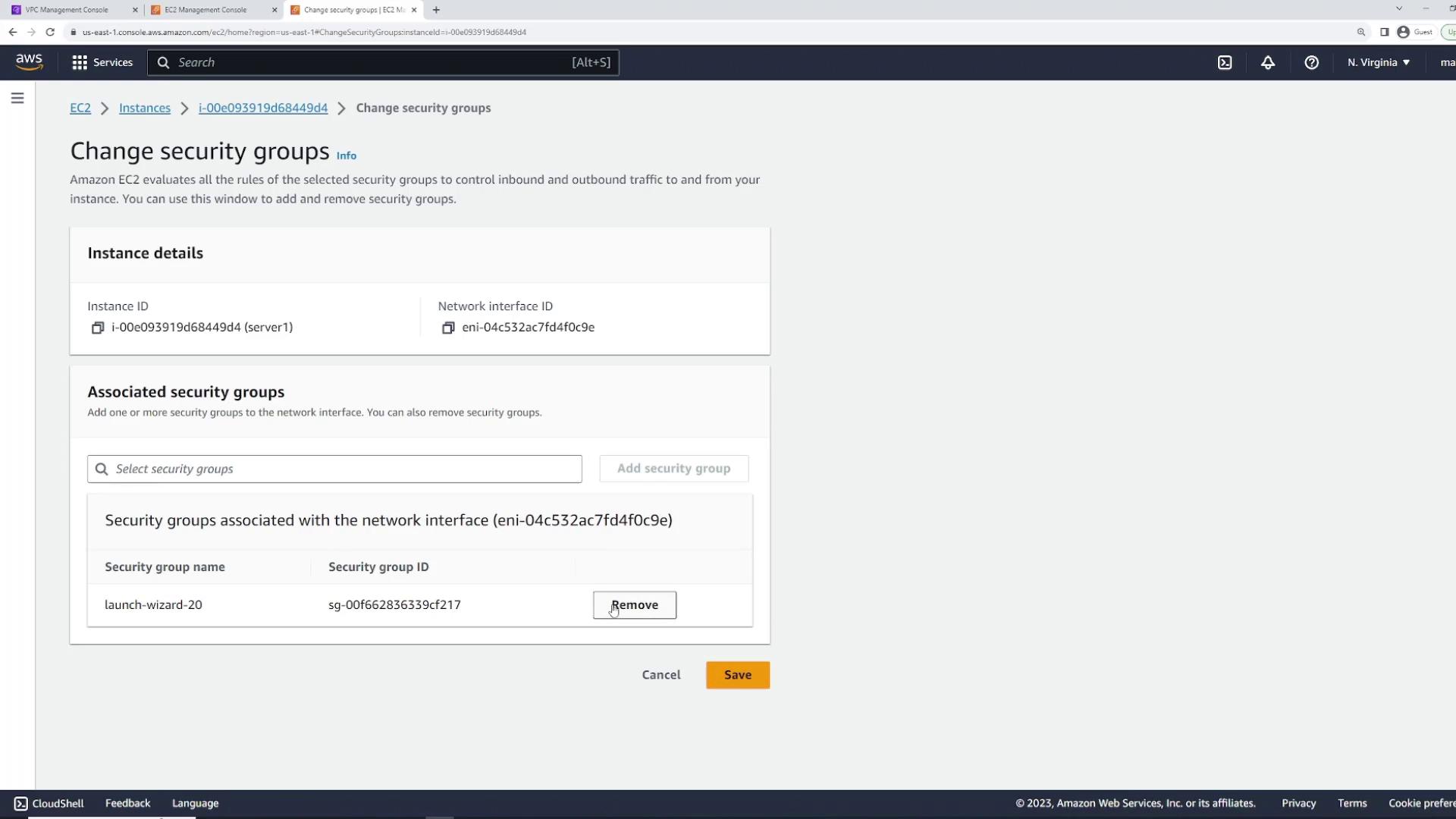 The image shows an AWS EC2 Management Console screen for changing security groups, displaying instance and network interface details, and associated security groups with options to add or remove them.