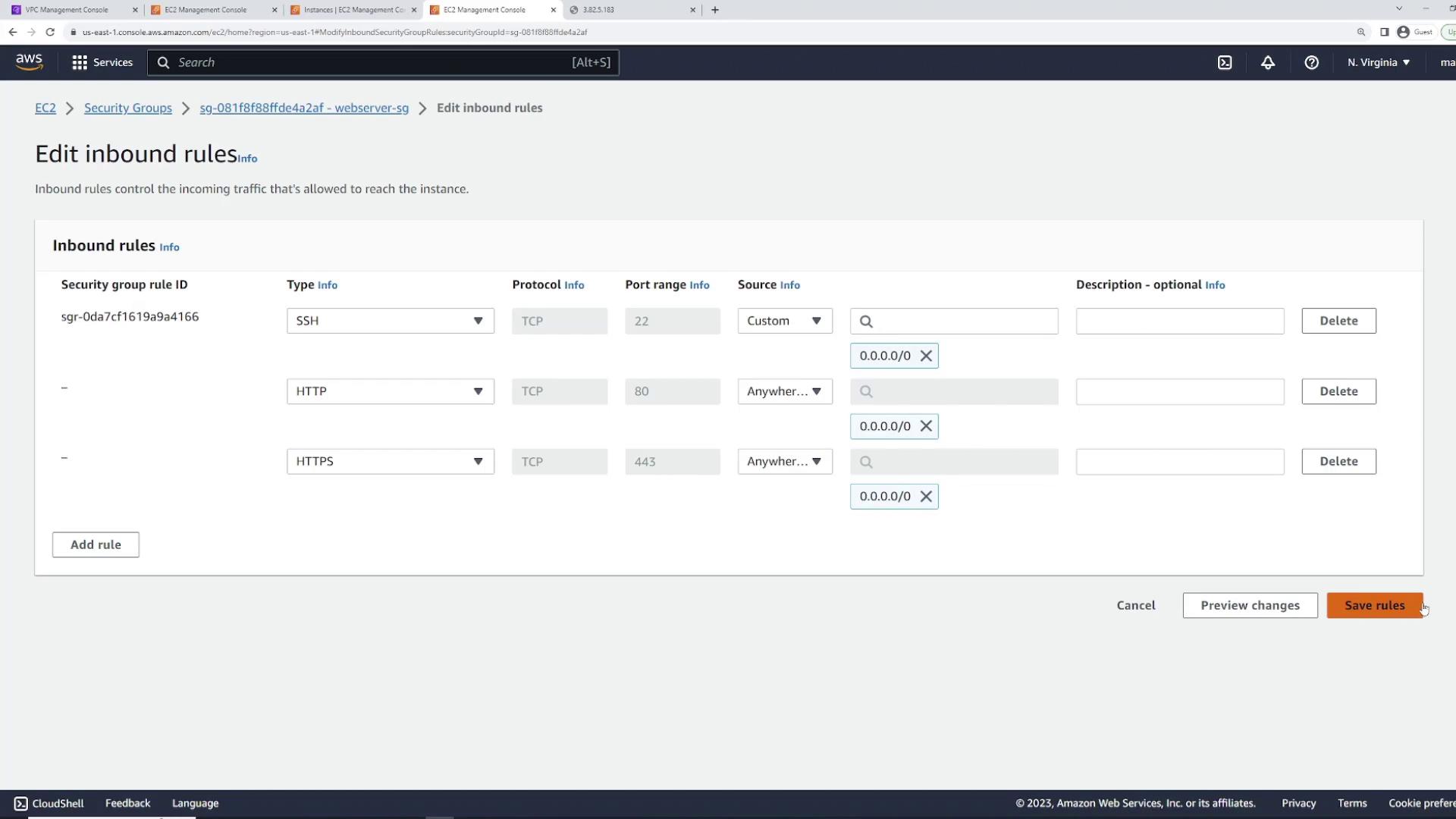 The image shows the AWS Management Console interface for editing inbound rules of a security group, allowing SSH, HTTP, and HTTPS traffic. Each rule specifies the protocol, port range, and source IP address.