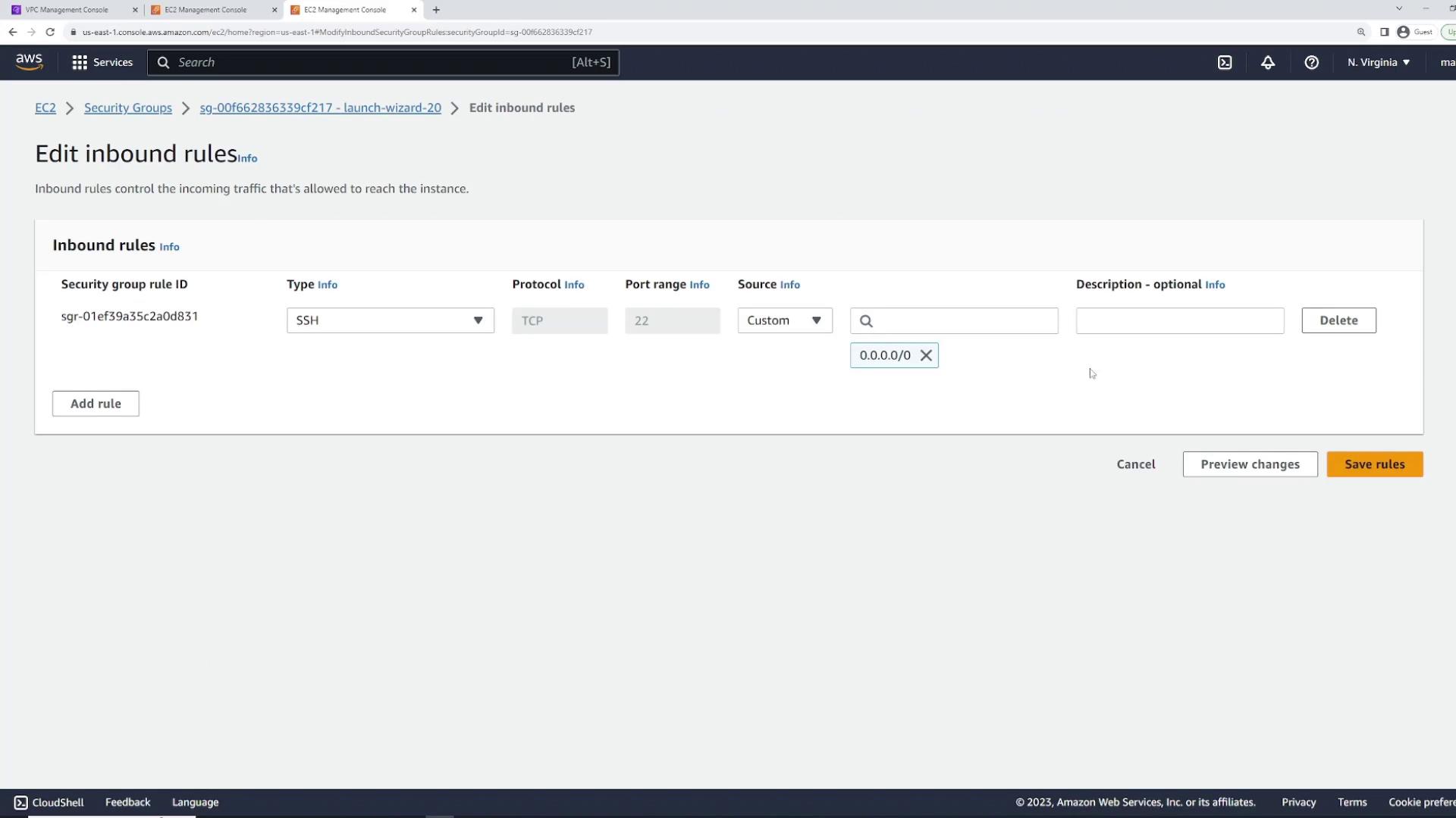 The image shows the AWS Management Console interface for editing inbound rules of a security group, specifically allowing SSH traffic on port 22 from any IP address.