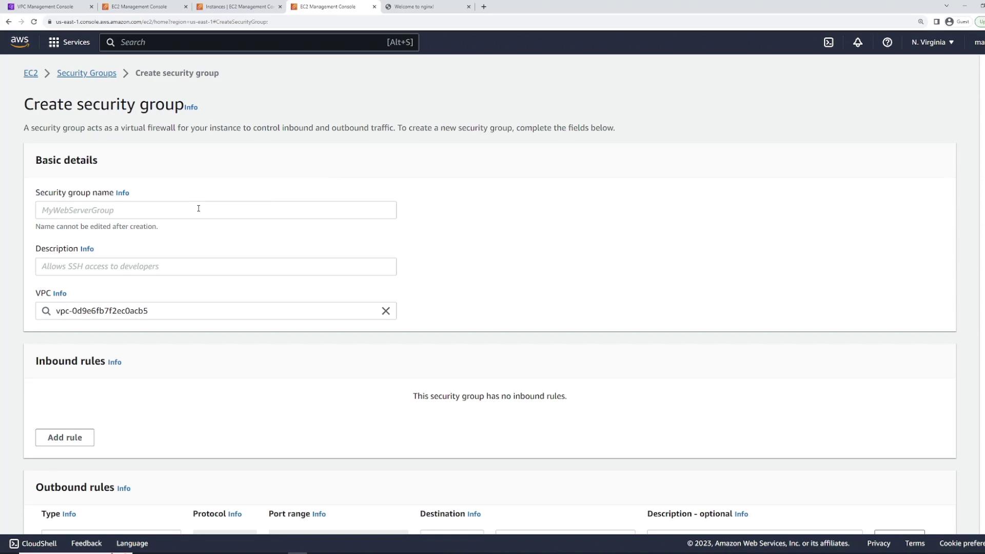 The image shows the AWS Management Console interface for creating a new security group, with fields for entering the security group name, description, and VPC selection. There are sections for adding inbound and outbound rules.
