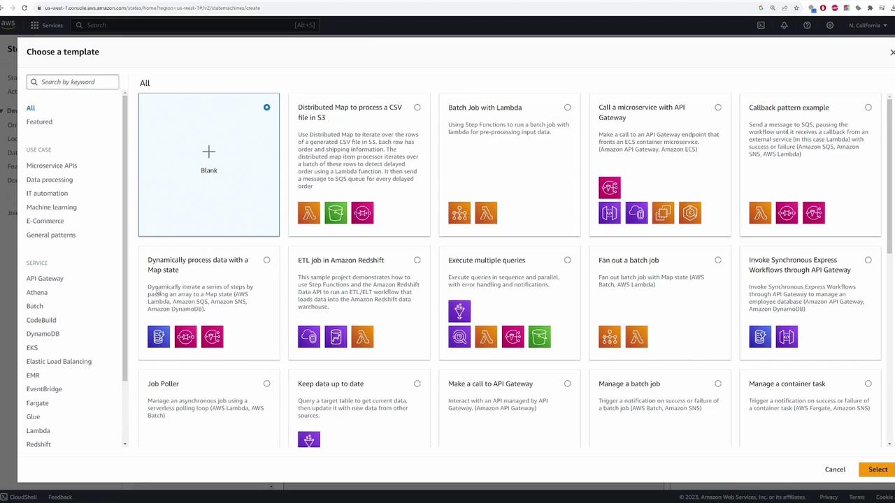 The image shows an AWS console interface for selecting a template, with various options for different use cases like data processing and IT automation. Each template is represented with icons and brief descriptions.