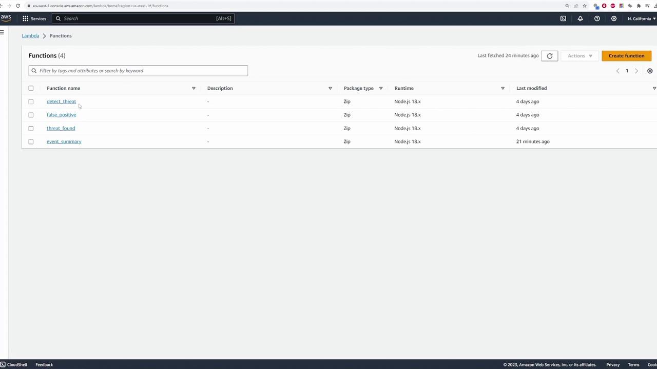 The image shows an AWS Lambda console with a list of functions, including "detect_threat" and "event_summary," all using Node.js 18.x runtime.