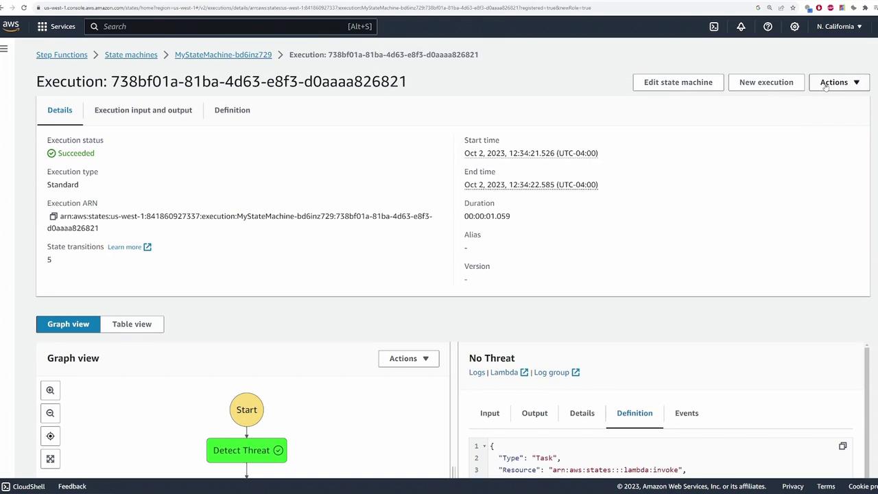 The image shows an AWS Step Functions console displaying the details of a successful execution of a state machine. It includes execution status, start and end times, and a graph view of the workflow.