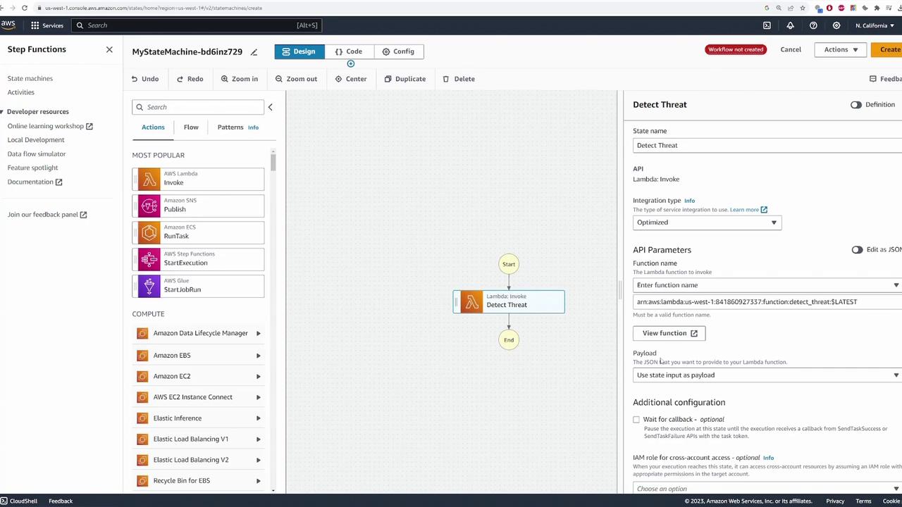 The image shows an AWS Step Functions interface with a state machine named "MyStateMachine-bd6inz729" in design mode. It includes a workflow diagram with a "Detect Threat" Lambda function and configuration options on the right.