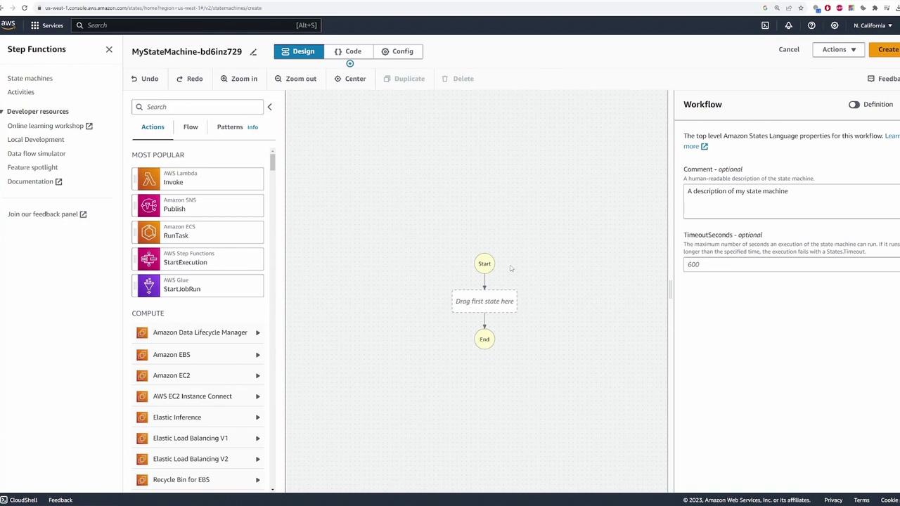 The image shows the AWS Step Functions console with a state machine design interface. It includes a workflow area with "Start" and "End" nodes and a sidebar listing AWS services like Lambda and SNS.