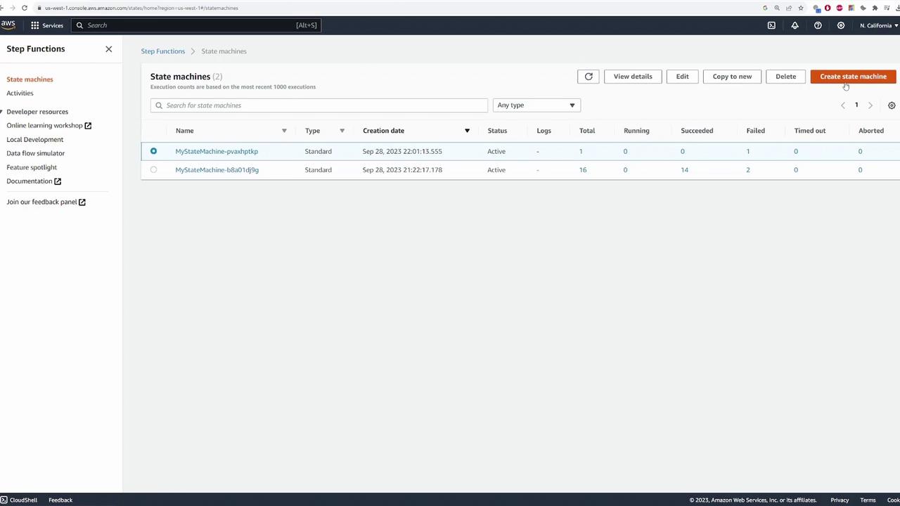 The image shows an AWS Step Functions console with a list of state machines, displaying their names, types, creation dates, and statuses. There are options to view details, edit, copy, delete, or create a new state machine.