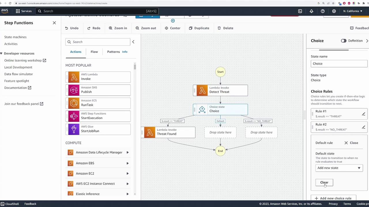 The image shows an AWS Step Functions interface with a workflow diagram, including a "Detect Threat" Lambda function and a choice state for decision-making. The left panel lists popular AWS services, and the right panel displays choice rules for the workflow.