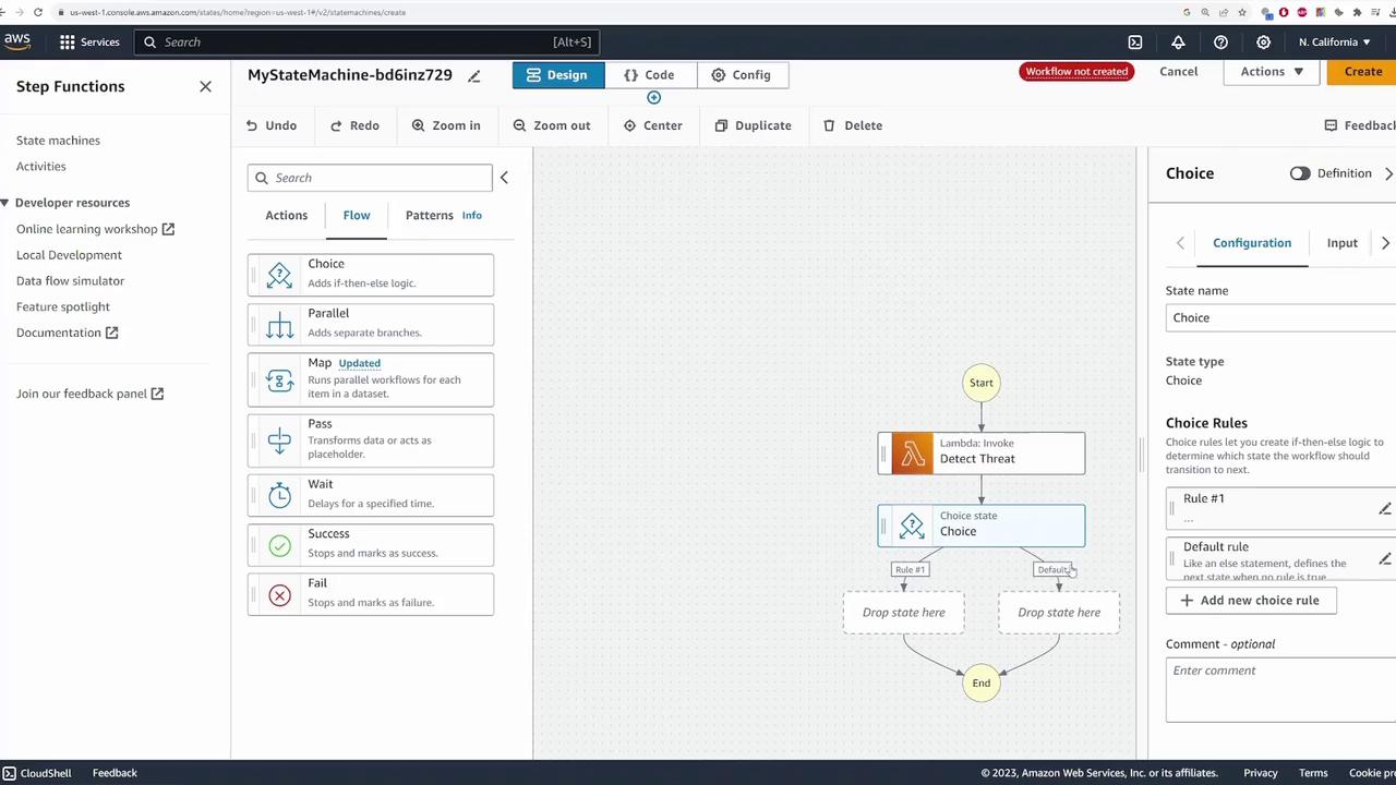 The image shows an AWS Step Functions interface with a state machine workflow design. It includes a flowchart with a "Detect Threat" Lambda function and a "Choice" state, along with configuration options on the right.