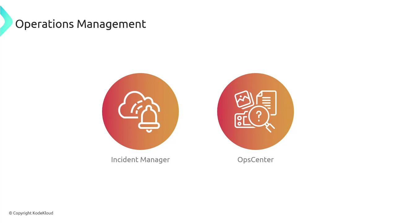 The image shows two icons labeled "Incident Manager" and "OpsCenter" under the heading "Operations Management." Each icon has a gradient background with relevant symbols.