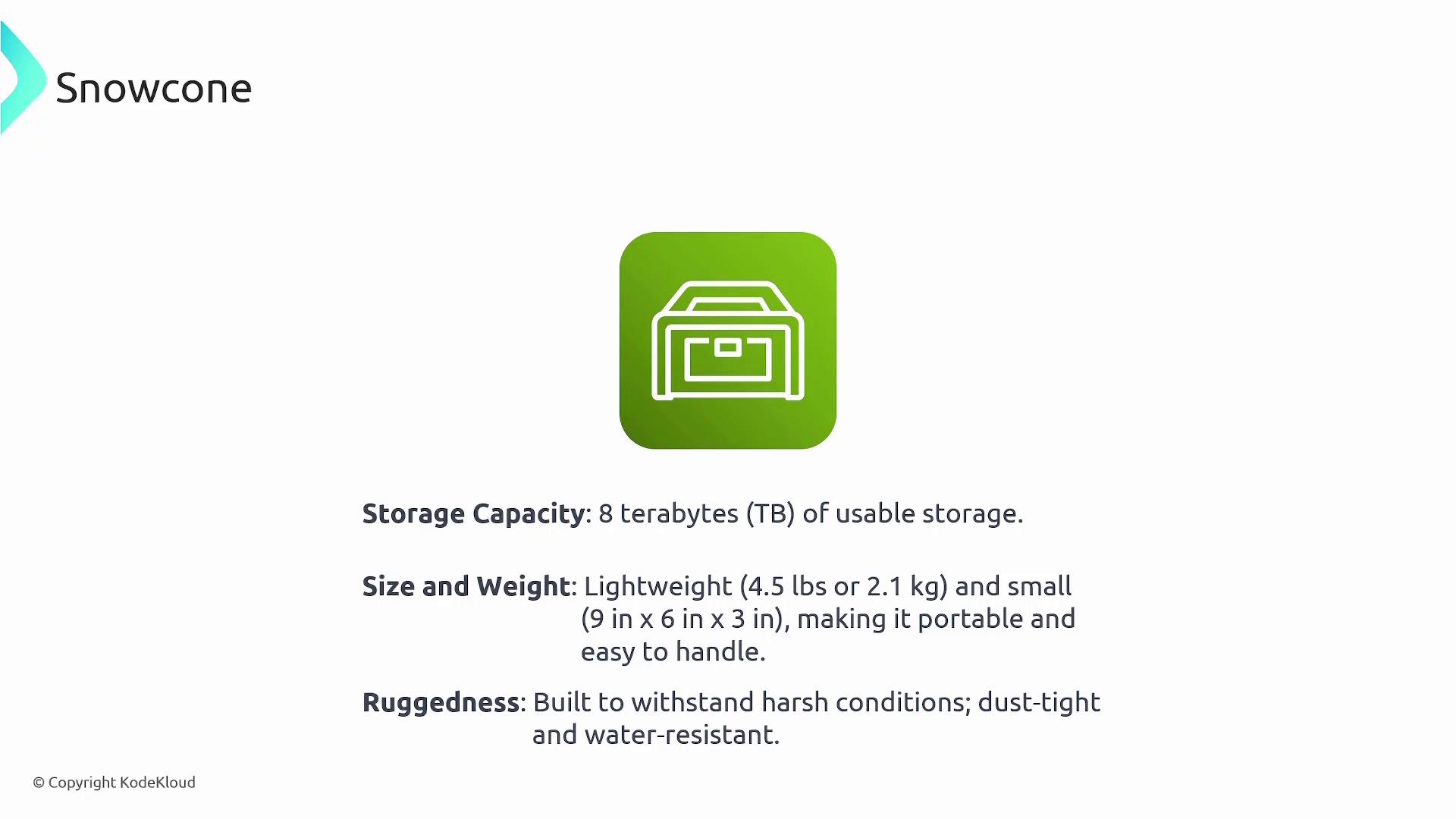 The image describes a product called "Snowcone" with 8 terabytes of storage, lightweight and portable dimensions, and ruggedness for harsh conditions.