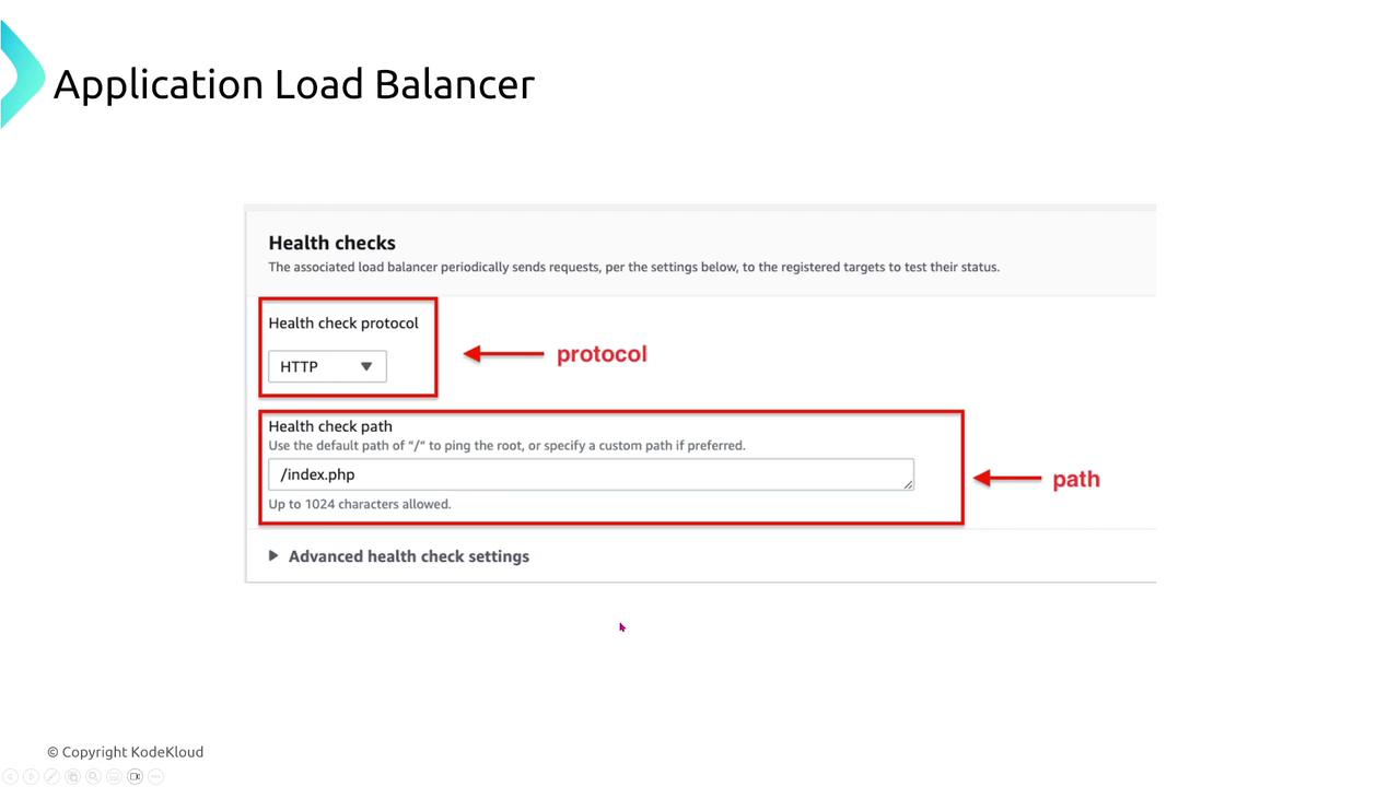 The image shows a configuration screen for an Application Load Balancer, highlighting settings for health check protocol and path. It includes options for selecting the protocol and specifying a custom path for health checks.