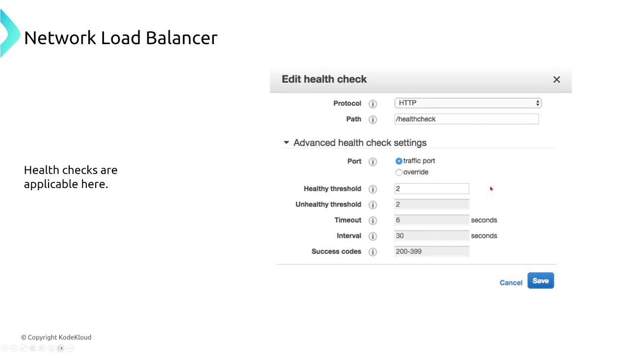 The image shows a configuration interface for editing health check settings of a Network Load Balancer, including protocol, path, and advanced settings like thresholds and timeout.