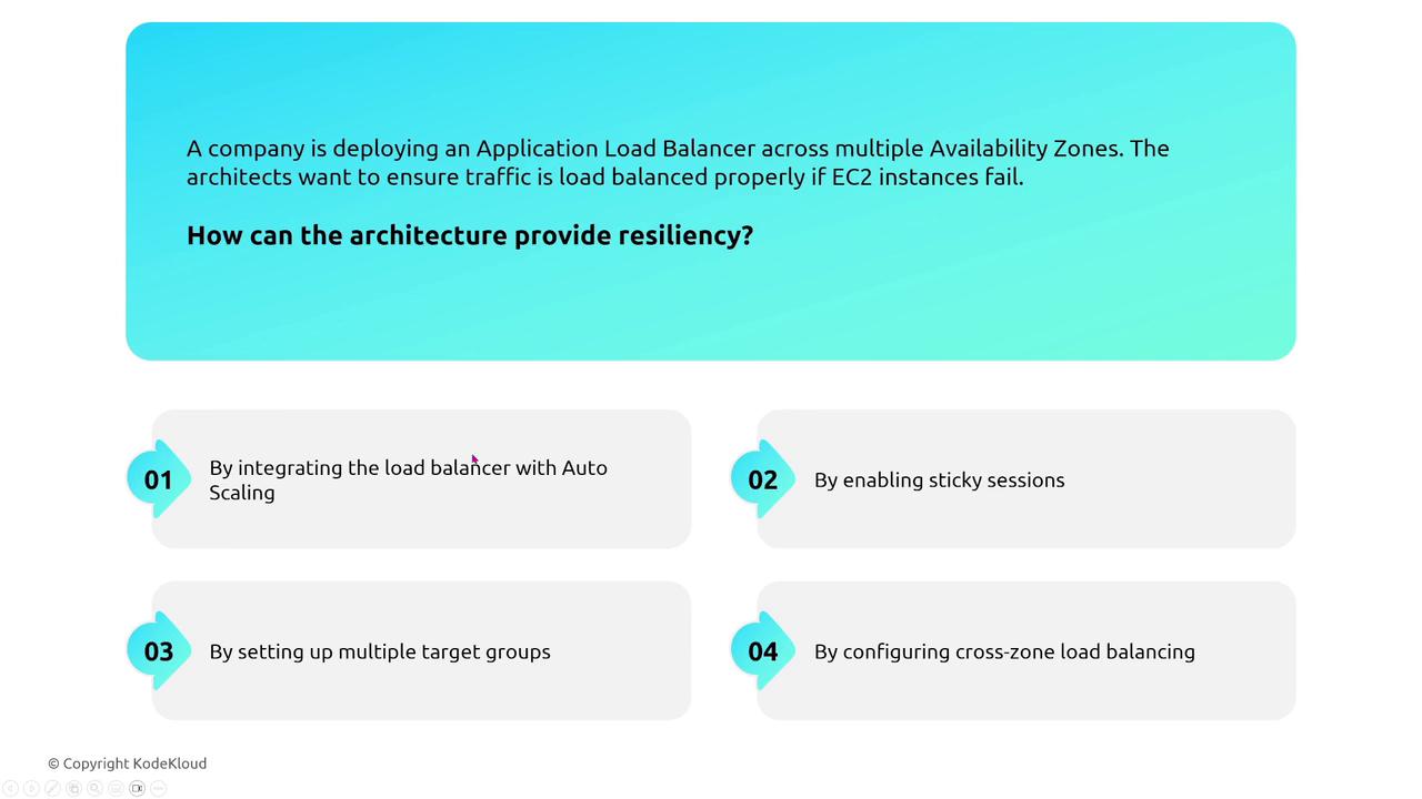 The image presents a question about ensuring resiliency in an application load balancer across multiple availability zones, with four options: integrating with Auto Scaling, enabling sticky sessions, setting up multiple target groups, and configuring cross-zone load balancing.