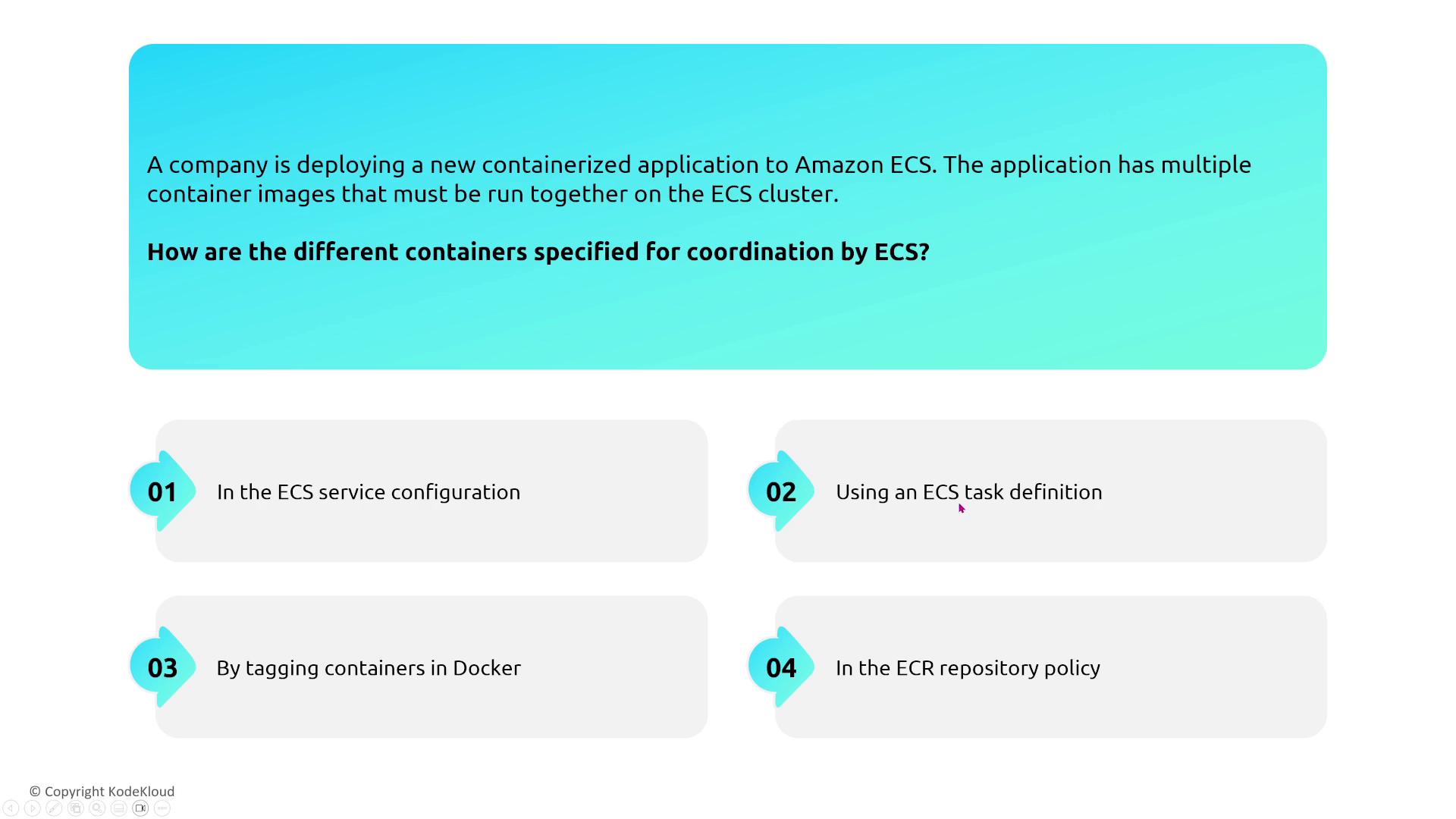 The image presents a question about deploying a containerized application to Amazon ECS, asking how containers are specified for coordination. It provides four options: ECS service configuration, ECS task definition, tagging containers in Docker, and ECR repository policy.