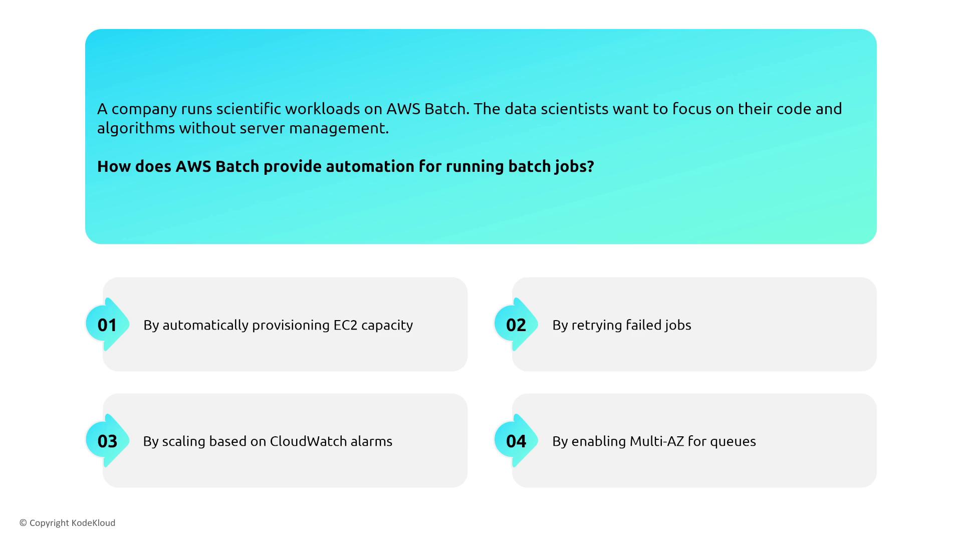 The image presents a question about how AWS Batch automates running batch jobs, with four options: automatically provisioning EC2 capacity, retrying failed jobs, scaling based on CloudWatch alarms, and enabling Multi-AZ for queues.
