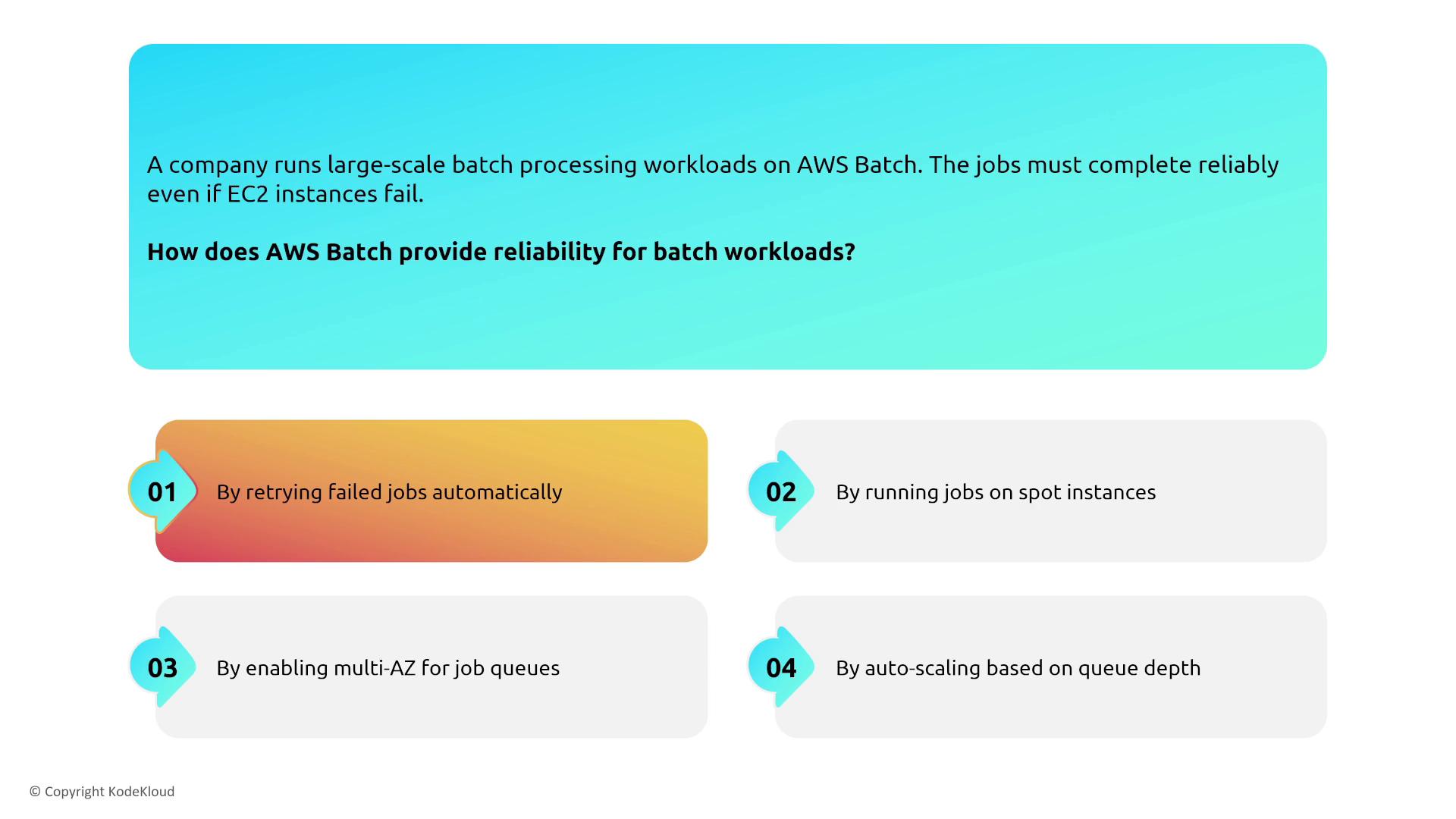 The image presents a question about AWS Batch reliability for batch workloads, with four options: retrying failed jobs automatically, running jobs on spot instances, enabling multi-AZ for job queues, and auto-scaling based on queue depth.