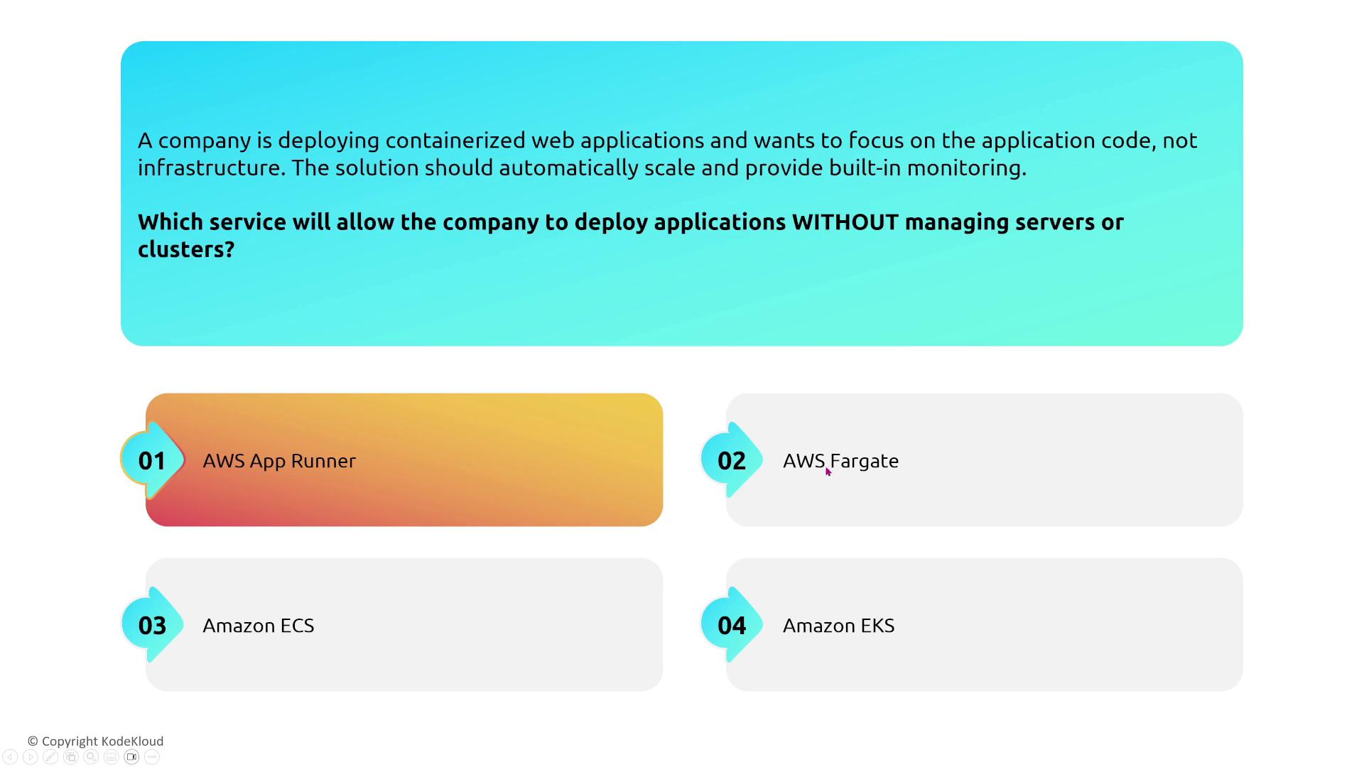 The image presents a question about deploying containerized web applications without managing servers or clusters, with four AWS service options: AWS App Runner, AWS Fargate, Amazon ECS, and Amazon EKS.